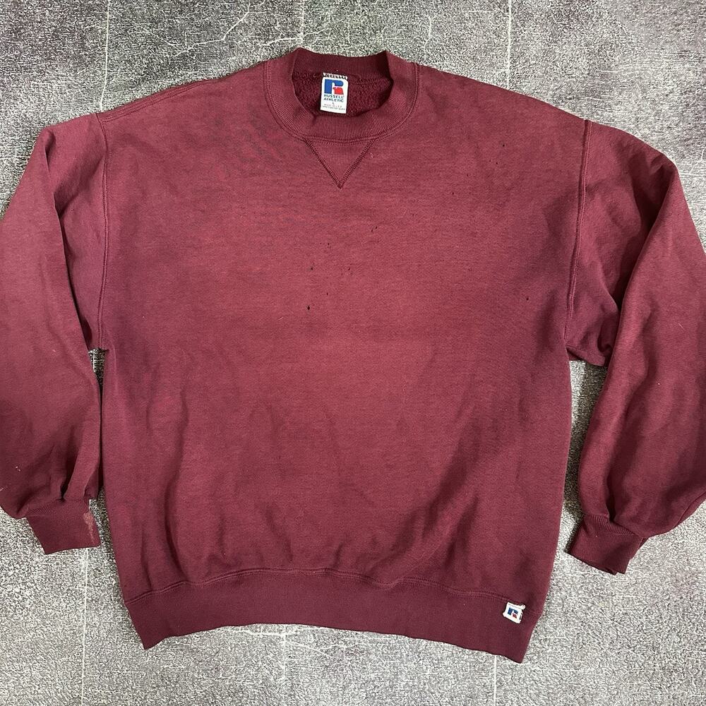 Men's Vintage 90's Russell Maroon Red Distressed Blank Crewneck Sweatshirt Sz L